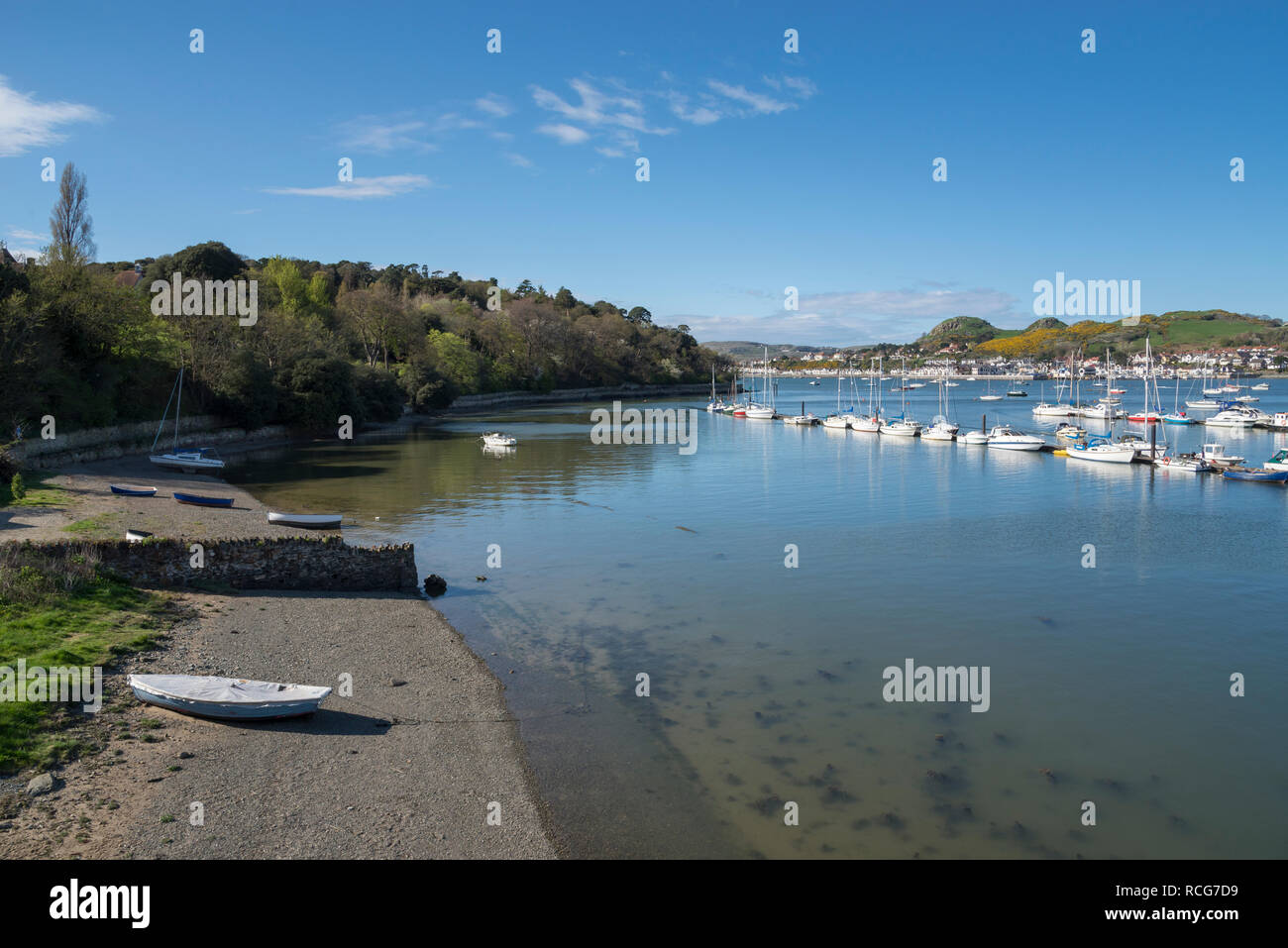 Belle journée de printemps à côté de la rivière Conwy, au nord du Pays de Galles. Bateaux dans l'eau et de Deganwy sur le côté opposé. Banque D'Images