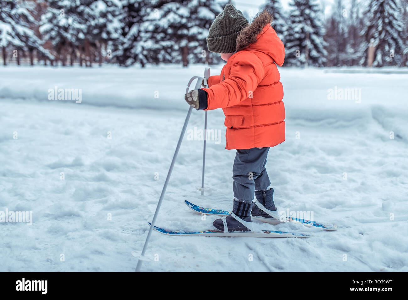 Un petit enfant de 3 à 5 ans, un garçon en hiver sur les skis, dans une  veste chaude et un chapeau. Jouet en ski. Les premiers pas dans une vie  active