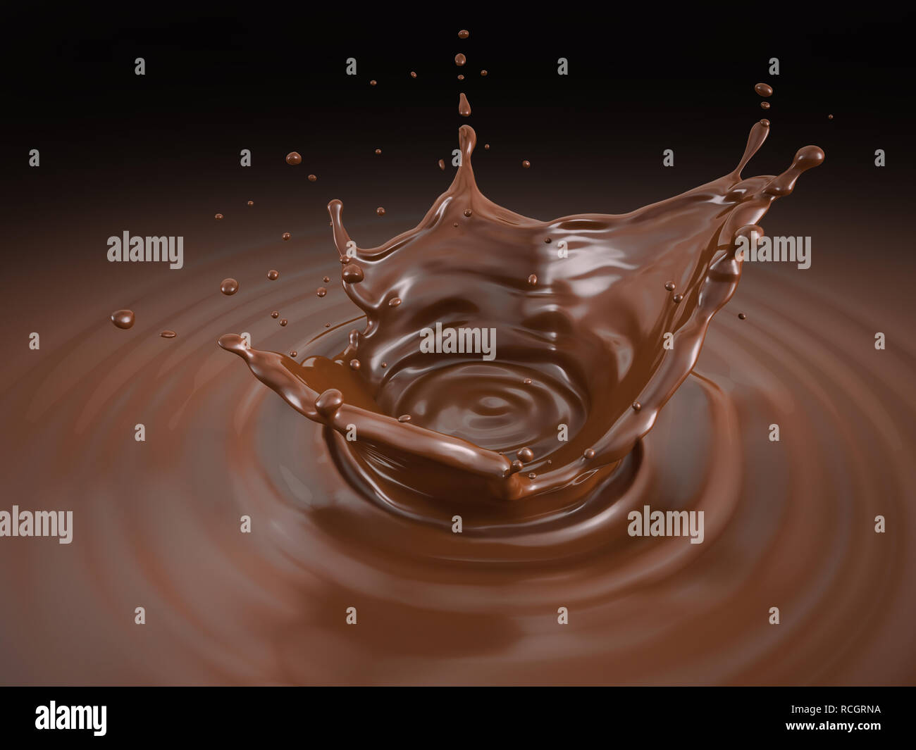 Couronne au chocolat liquide splash avec ondulations. Vue de l'œil de l'oiseau. Sur fond noir. Chemin de détourage inclus. Banque D'Images