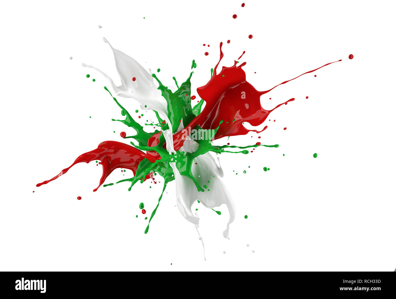 Rouge, blanc et vert peinture splash explosion isolé sur fond blanc. Chemin de détourage inclus. Banque D'Images