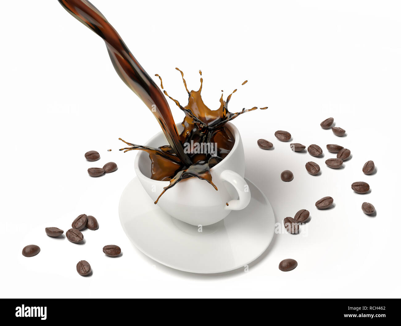 Verser le café liquide et splash dans une tasse et soucoupe blanc sur la cuillère, avec quelques grains de café sur le sol. (Vue de dessus). Banque D'Images