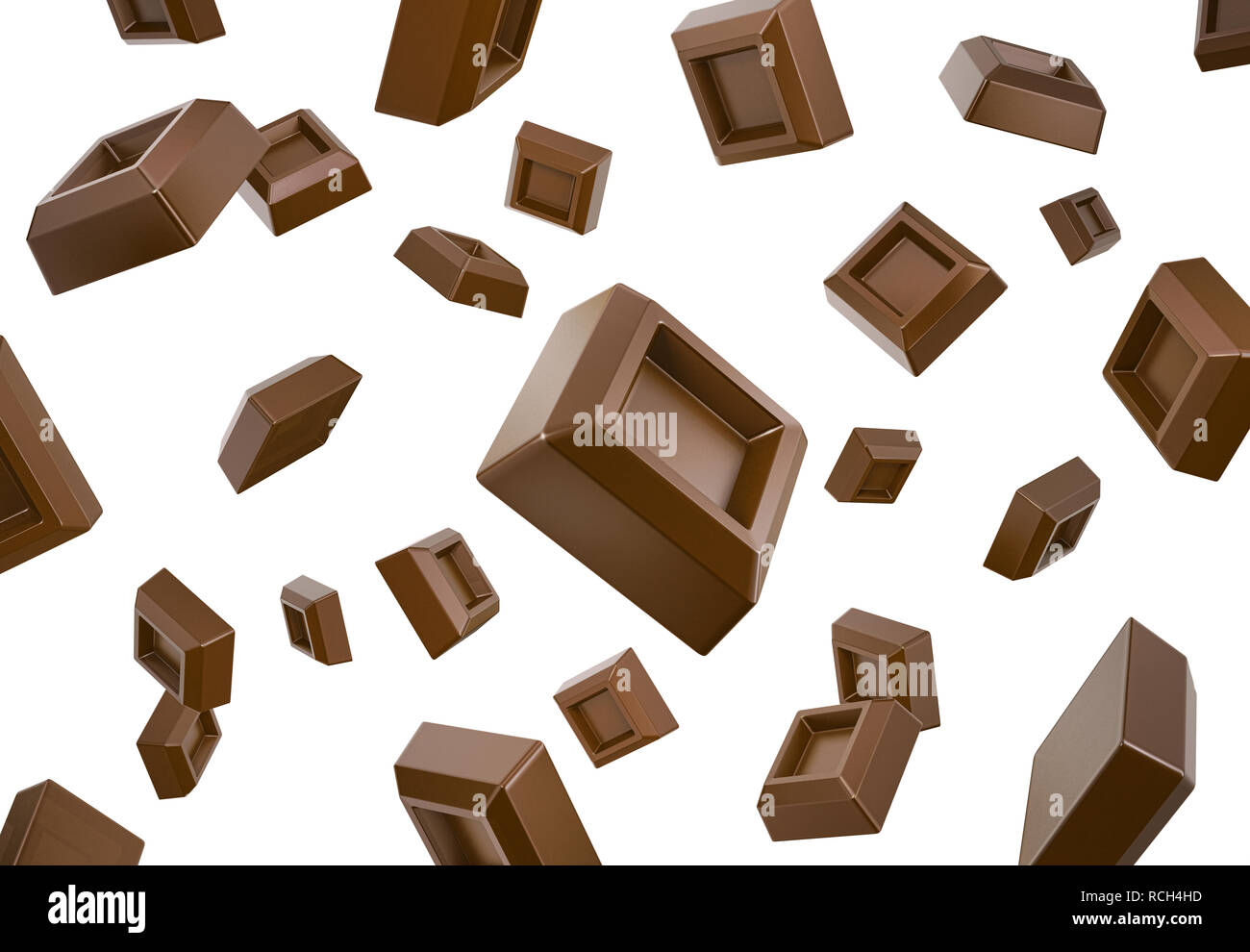 De nombreux cubes chocolat tomber voler dans l'espace blanc. Isolées. Chemin de détourage inclus. Banque D'Images