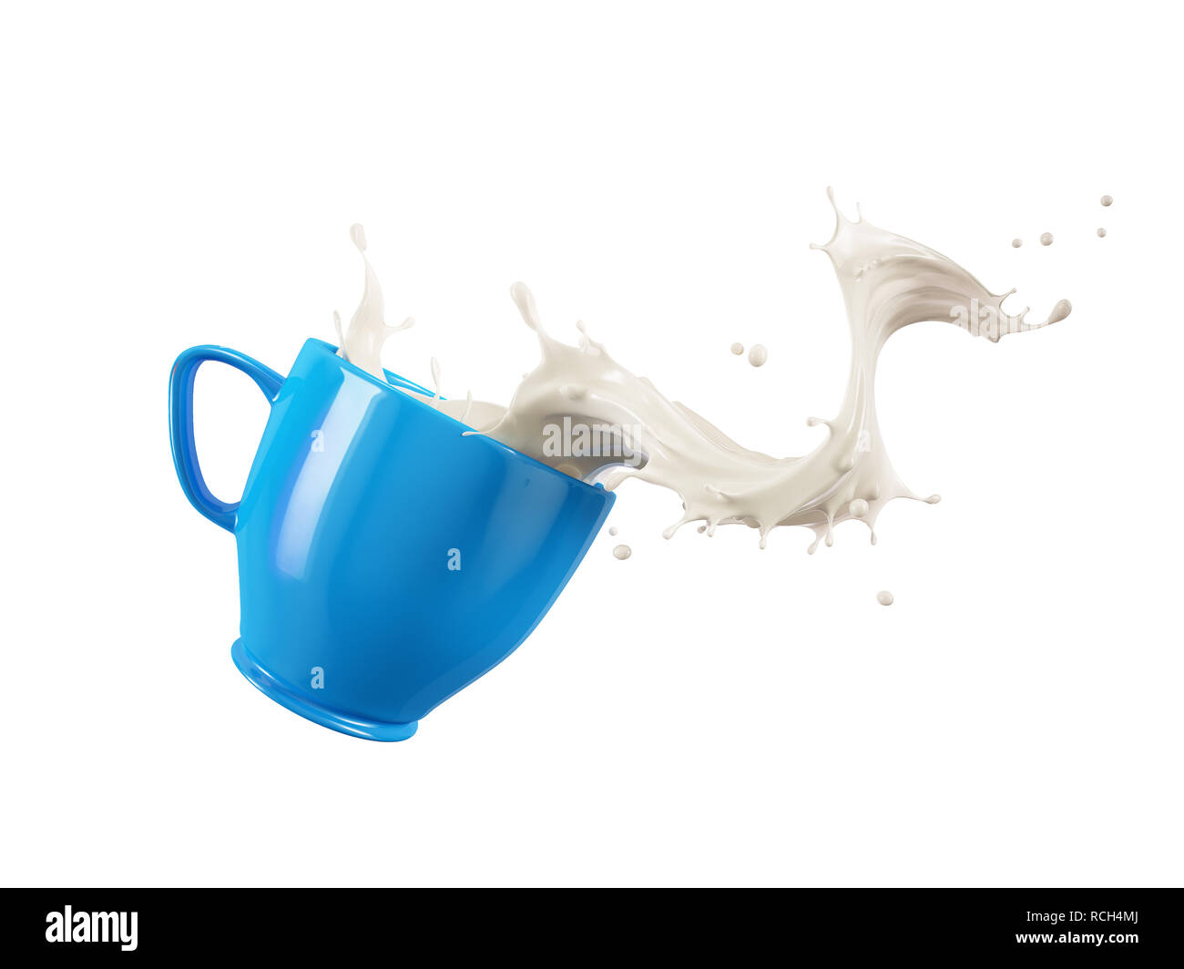 Tasse mug bleu avec du lait splash vague. Isolé sur fond blanc. Chemin de détourage inclus. Banque D'Images