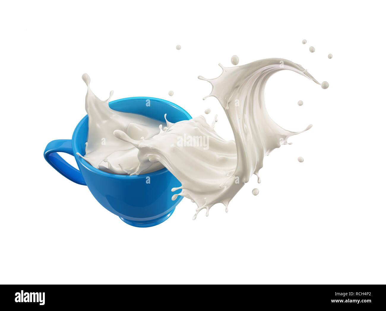 Tasse mug bleu avec du lait splash vague. Isolé sur fond blanc. Chemin de détourage inclus. Banque D'Images