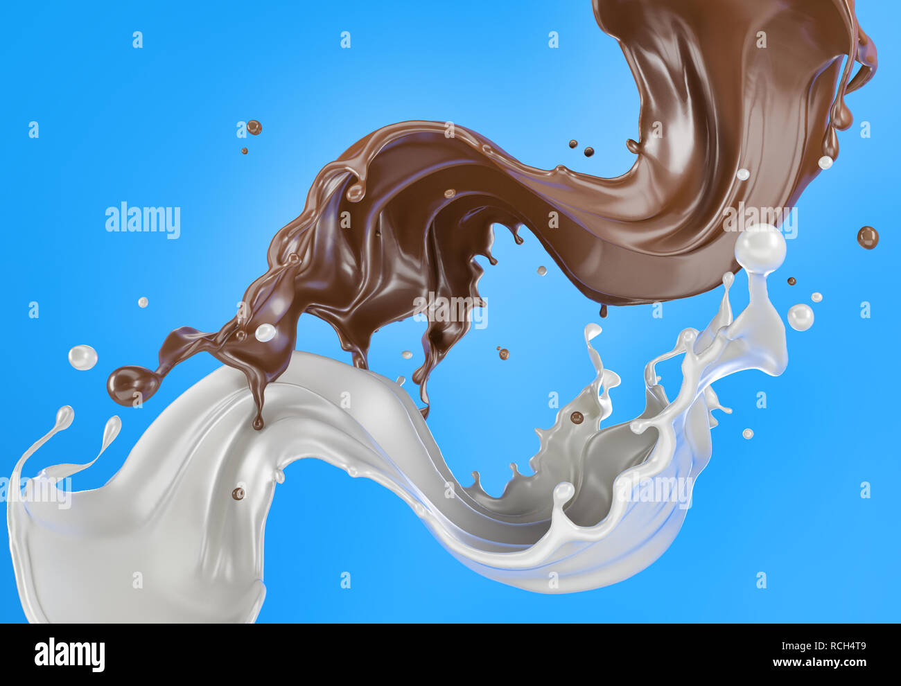 Le lait et le chocolat , ou d'éclaboussures de peinture les unes contre les autres dans l'air. Sur fond bleu. Banque D'Images