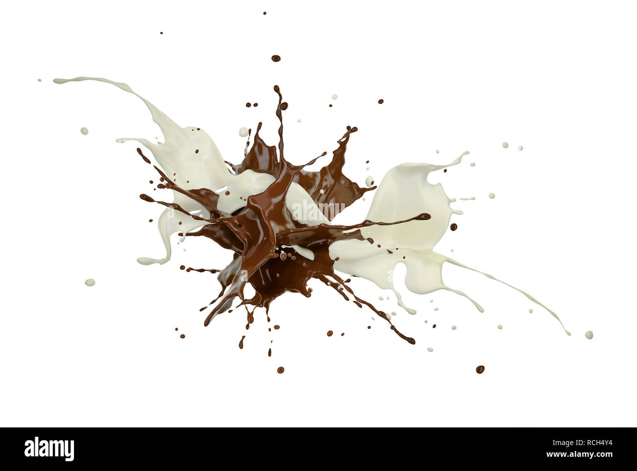 Le lait et le chocolat d'eau éclaboussant les uns contre les autres dans l'espace blanc. Banque D'Images