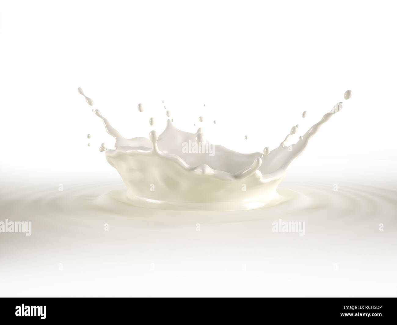 Couronne du lait splash, la projection dans le lait avec piscine ripples. Isolé sur fond blanc. Chemin de détourage inclus. Banque D'Images