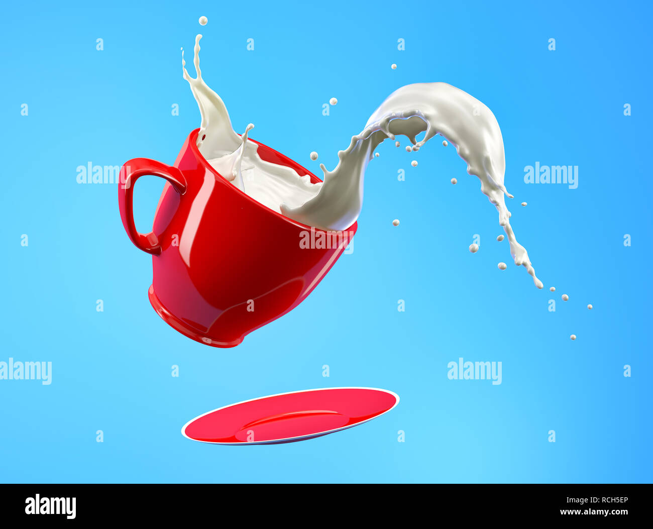 Splash de lait en rouge mug tasse et soucoupe sautant sur fond bleu. Banque D'Images