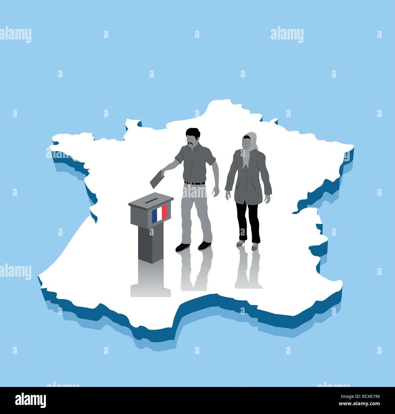 Les électeurs votent pour les élections françaises sur une carte 3D de la France. Tous les objets, les ombres et l'arrière-plan sont dans des couches différentes. Illustration de Vecteur