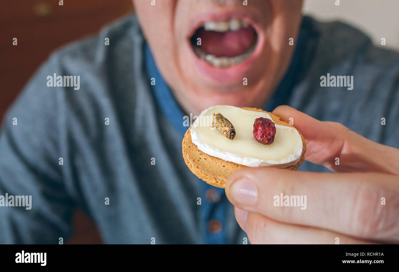 Man eating grillons canape Banque D'Images