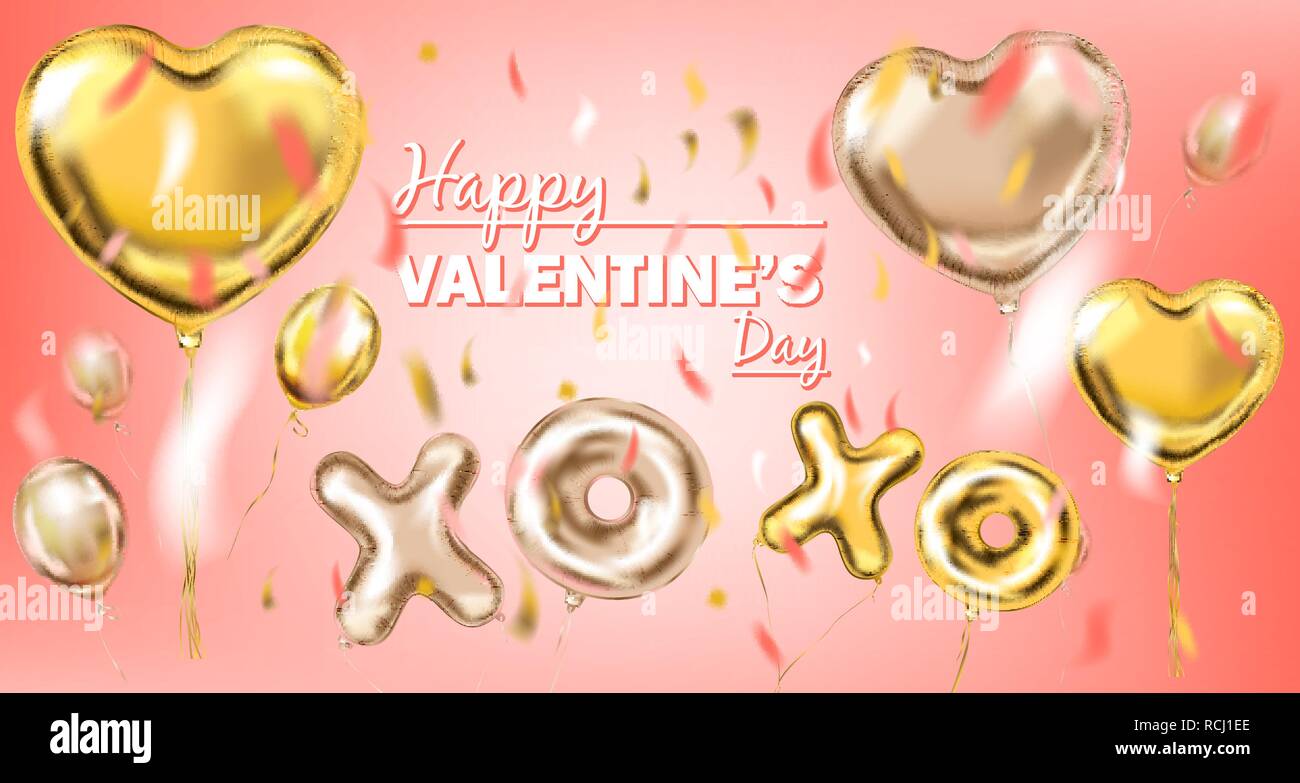 Bonne Saint Valentin et en or rose en forme de coeur Foil Balloon, golden kiss and hug cote Illustration de Vecteur