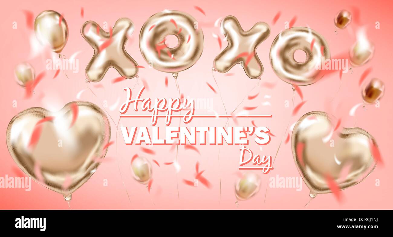 Bonne Saint Valentin et en or rose en forme de coeur Feuille d'or, ballon symbole xoxo Illustration de Vecteur