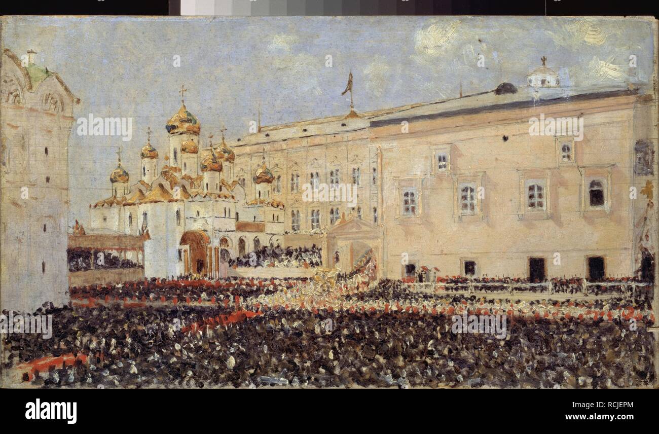 Le Couronnement de l'empereur Alexandre III dans le Kremlin de Moscou le 15 mai 1883. Musée : Musée d'histoire de l'État de Moscou. Auteur : Verechtchaguine, Vassili Vassilievitch. Banque D'Images