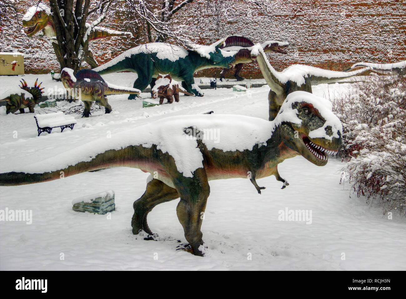 Belgrade, Serbie, janvier 2019 - Les modèles de dinosaures grandeur nature dans le parc de Kalemegdan Dino Banque D'Images