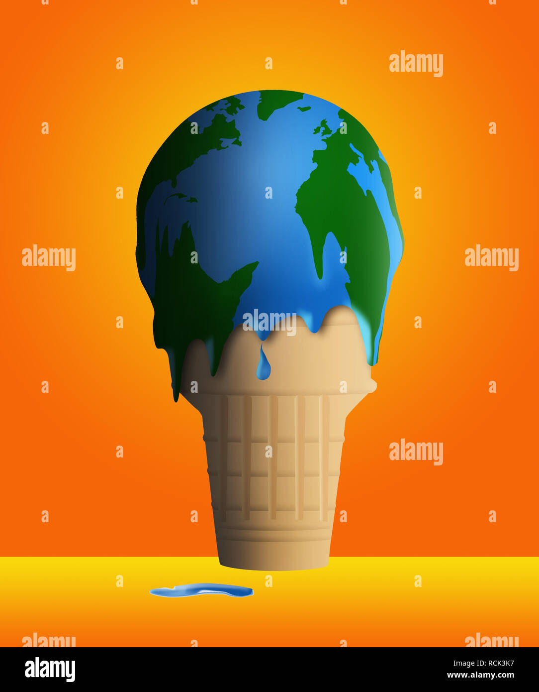 Le réchauffement est illustré avec un melting ice cream cone et la glace semble également être un globe de plan de masse. C'est une illustration. Banque D'Images