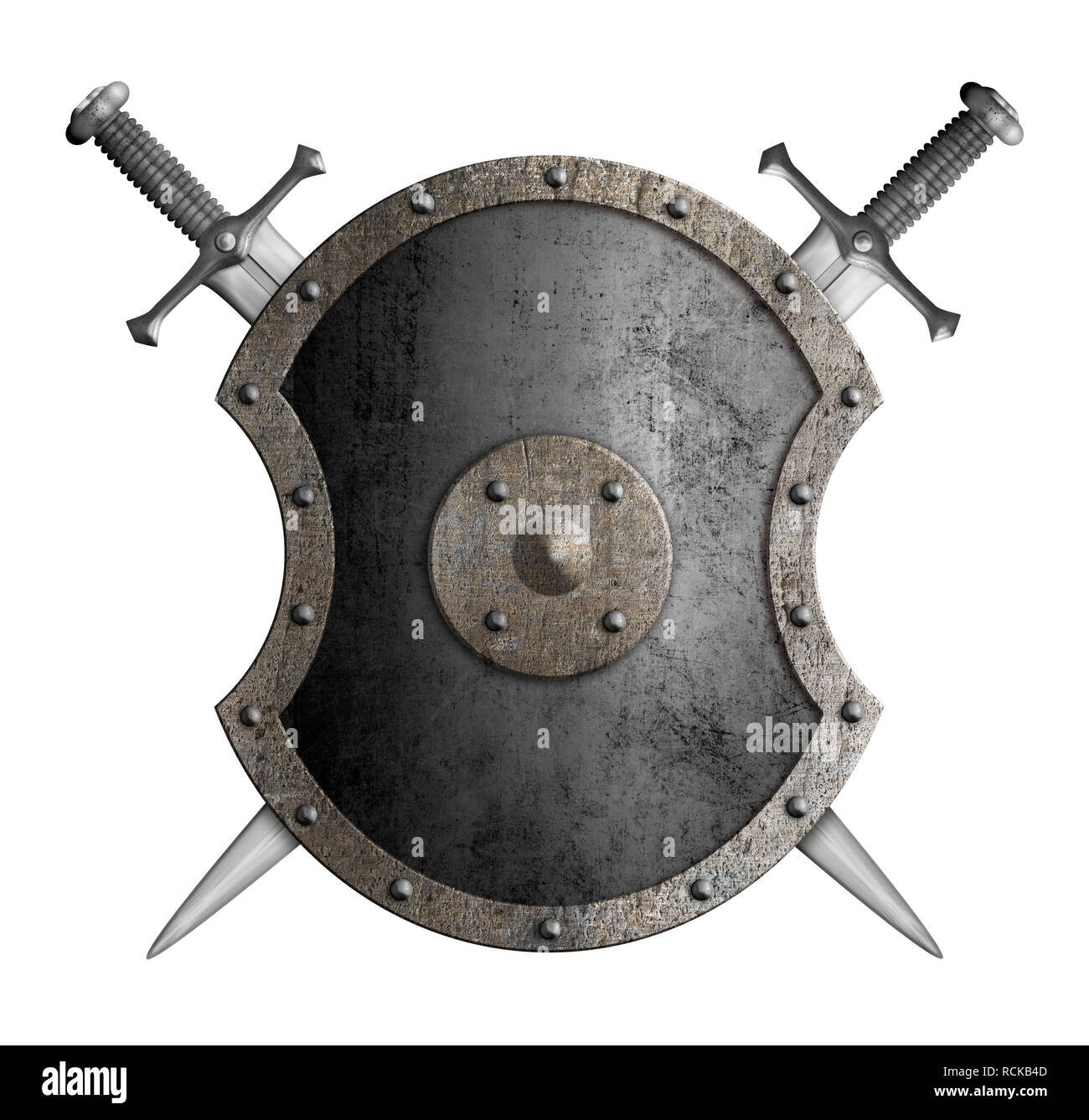 Protection en métal avec des épées croisées 3d illustration isolé Banque D'Images