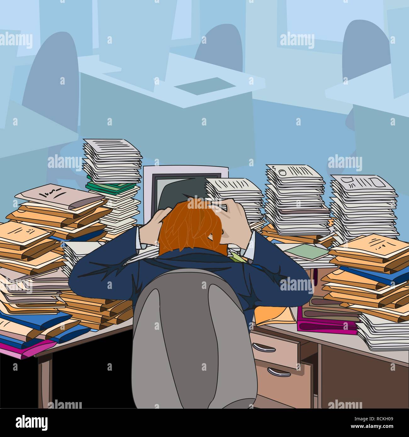 Encombrés. Table jonchée de papiers et documents. L'homme de la présidence serrant la tête de désespoir. Vector illustration. Illustration de Vecteur