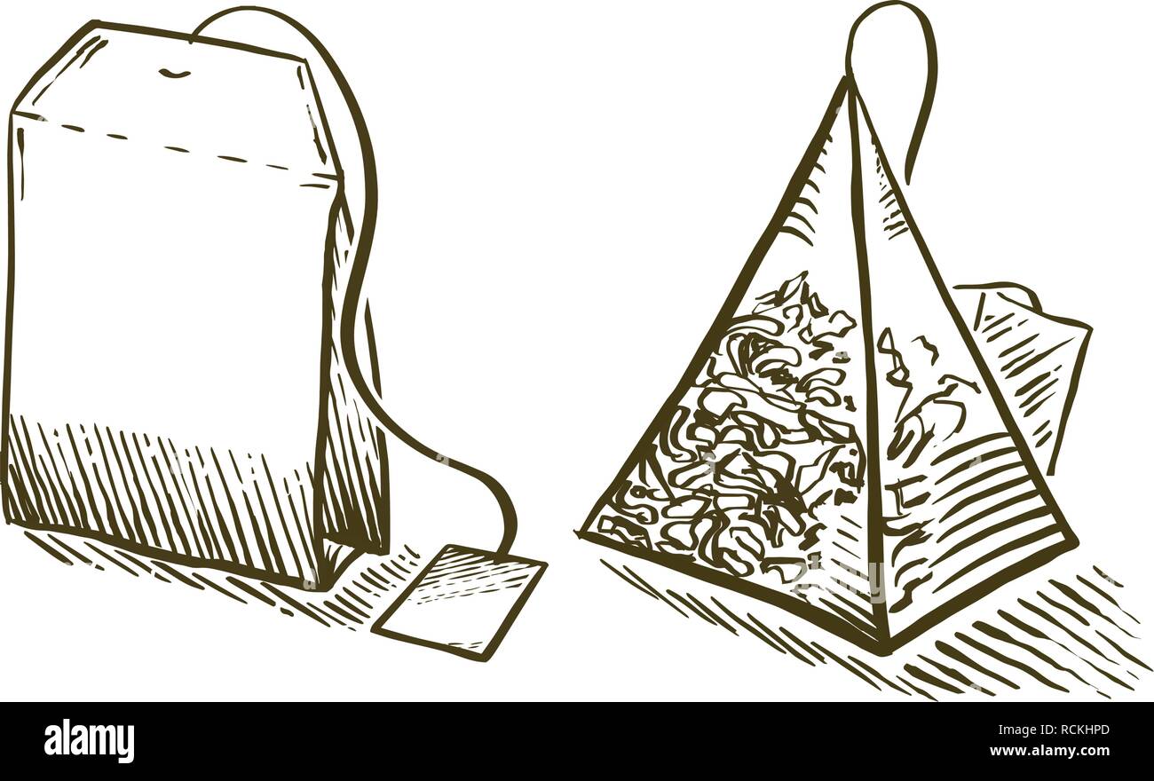 Ensemble de thé sac dans leur gravure. Hand drawn vector illustration. Sac en forme de pyramide de thé. Illustration de Vecteur