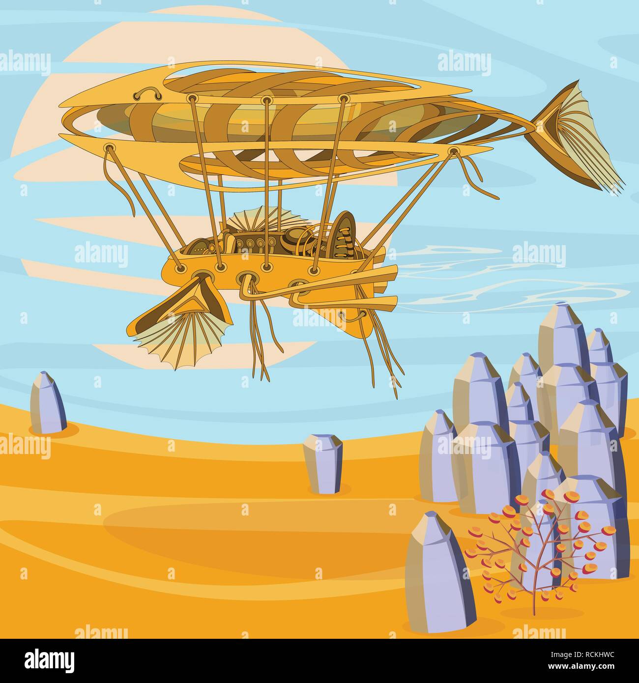 Dirigeable Zeppelin fantastique au-dessus du désert. Conception de tatouage steampunk ou futuriste. Pliable vectorielles composition. Illustration de Vecteur