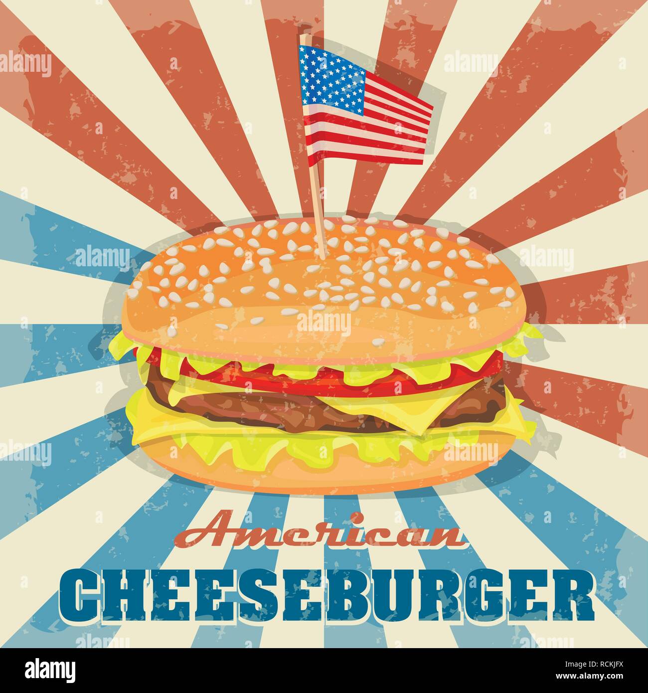 Icône Cheesburger. Classic American Burger Cheeseburger avec laitue tomate boeuf au fromage sur un fond de couleurs du drapeau américain. Le fast food. Boeuf Illustration de Vecteur