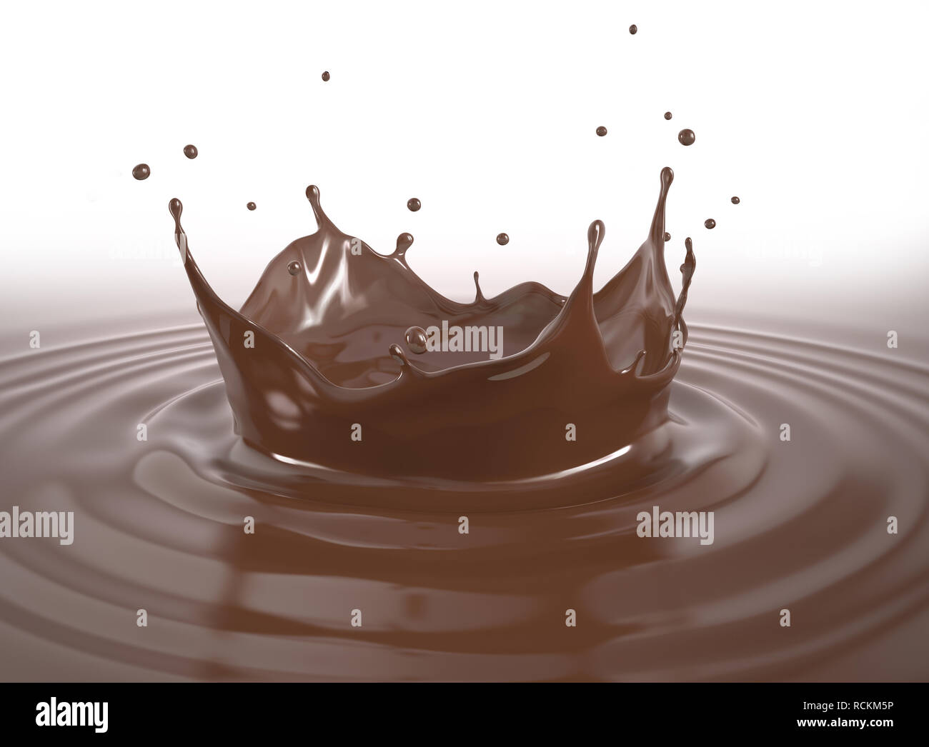 Couronne au chocolat liquide splash avec ondulations. Vue perspective. sur fond blanc. Banque D'Images