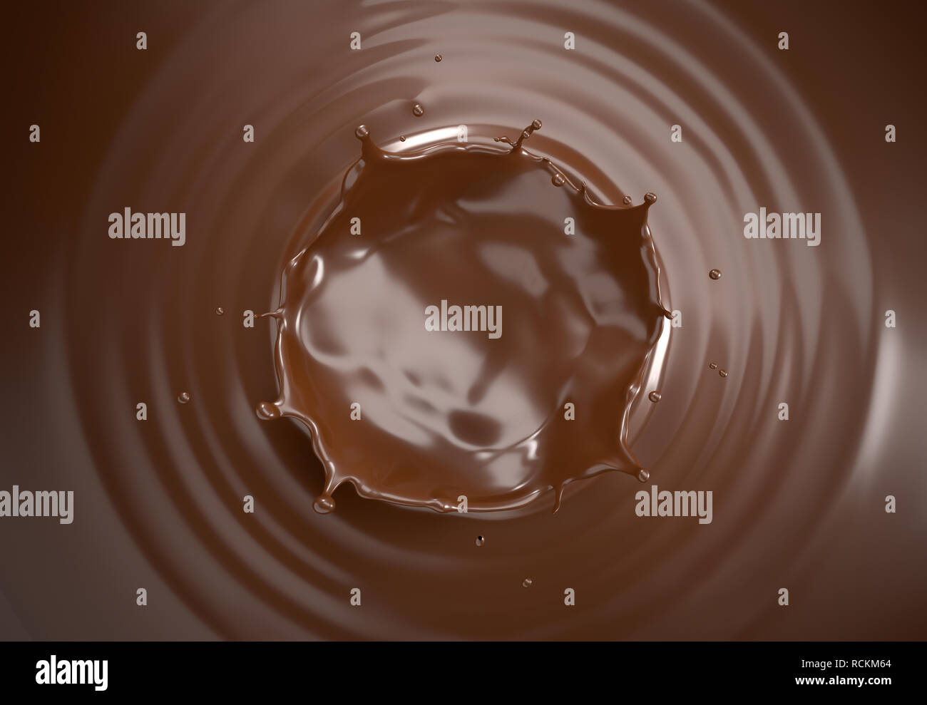 Couronne au chocolat liquide splash. Dans une piscine de chocolat liquide. Avec des ondulations circulaires. Vue du dessus. Banque D'Images