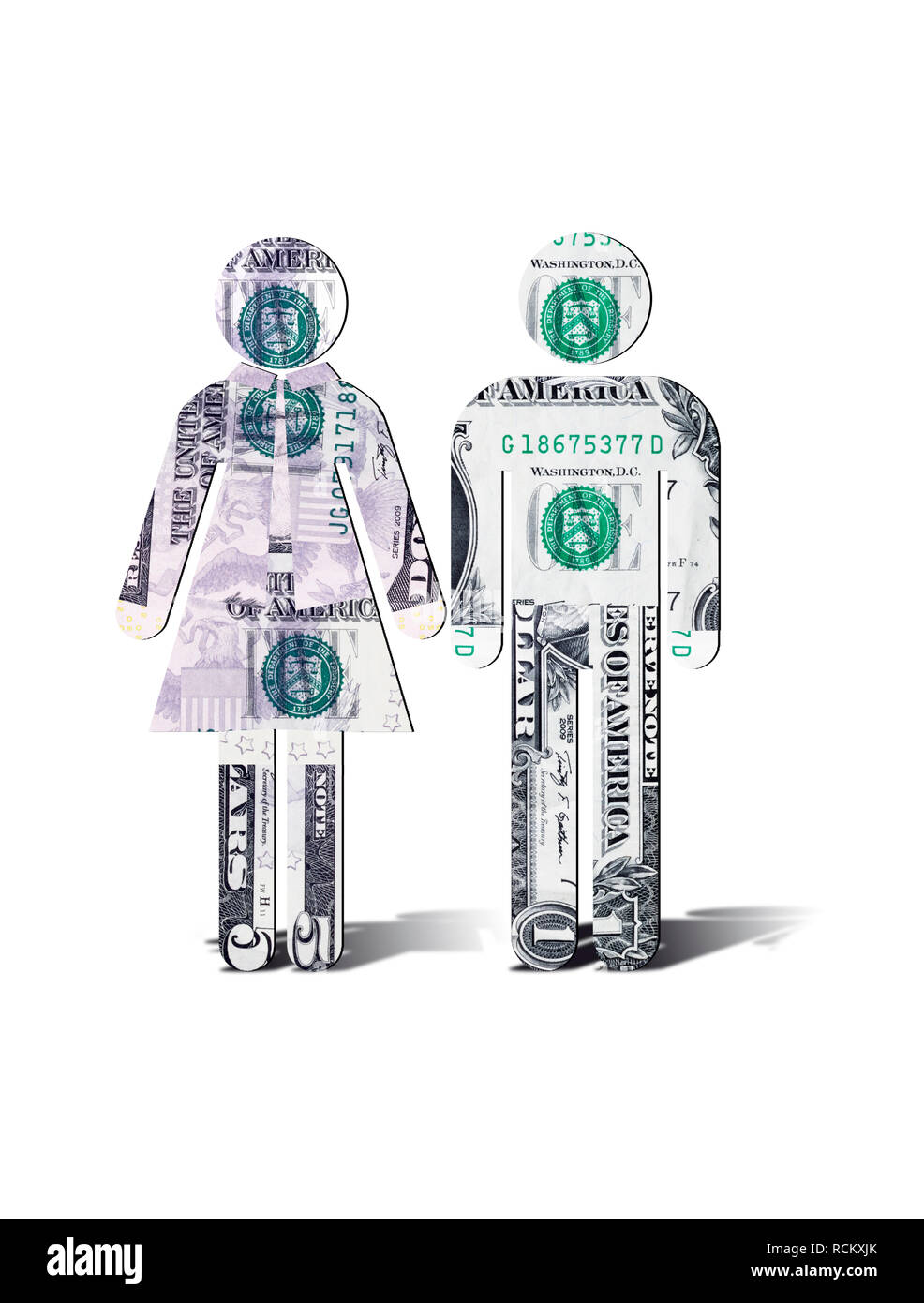 US dollar les billets en forme de l'homme et la femme debout côte à côte, l'image de synthèse, fond blanc Banque D'Images