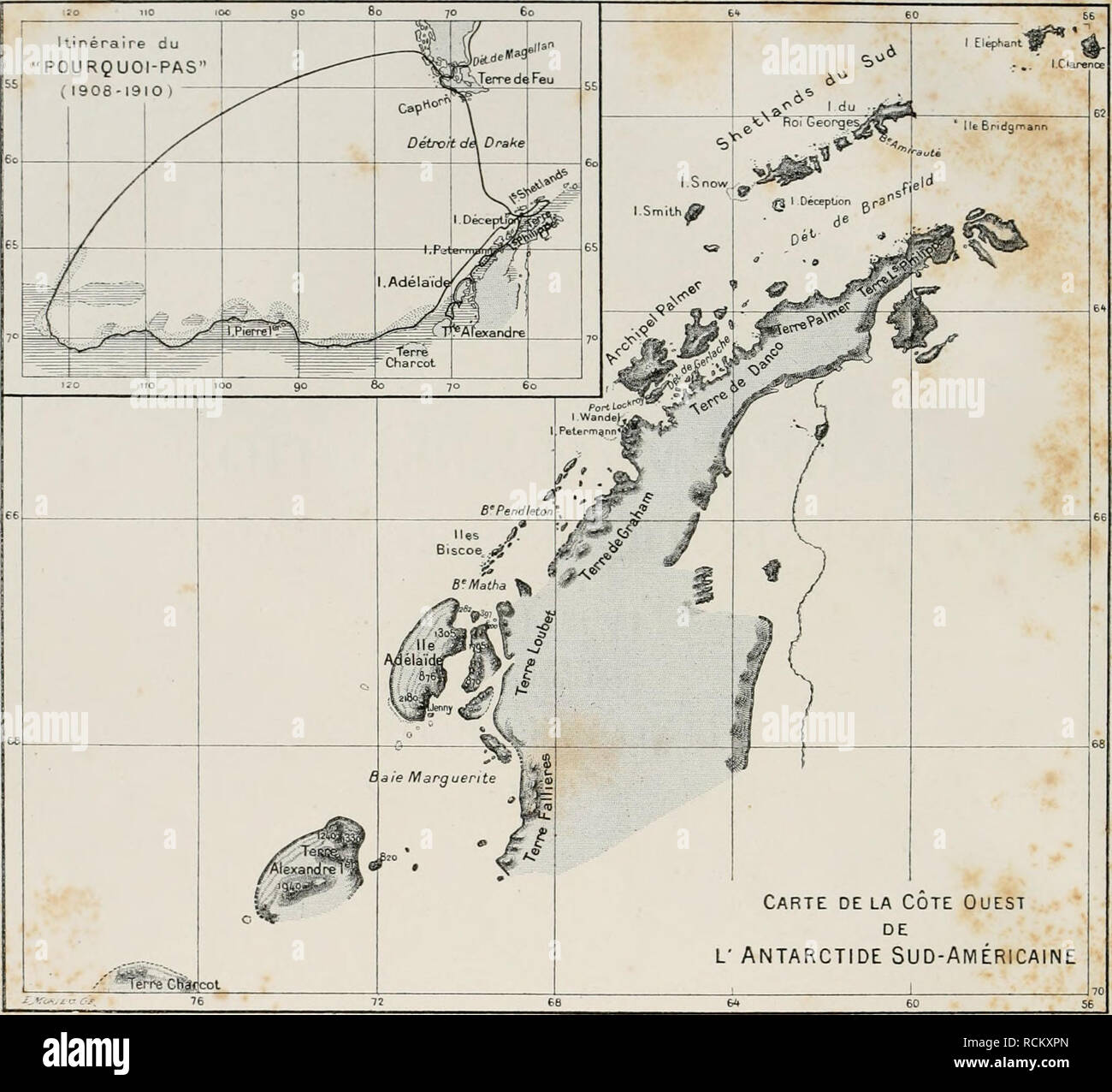 . Deuxième expédition antarctique francaise (1908-1910). Histoire naturelle -- Antarctique ; expéditions scientifiques -- Antarctique ; l'Antarctique. CARTE DES RÉGIONS PARCOURUES ET RELEVÉES PAR L'EXPÉDITION MEMBRES DE L'ETAT-MAJOR DU " Pourquoi-pas ? J.-B. M. Charcot Hydrographie BONGRAIN, Sismographie, la gravitation terrestre. Observations astronomiques. Zoologie (Spongiaires Gain L., Échir.odermes, Arthropodes. Oiseaux et leurs parasites). Planltton, Botanique. R.-E. Marées GODFROY, topographie côtière, chimie de l'air. E. GOURDON Géologie, glaciologie. LIOUVILLE J. Médecine, Zoologie (Pinnipèdes Cét Banque D'Images