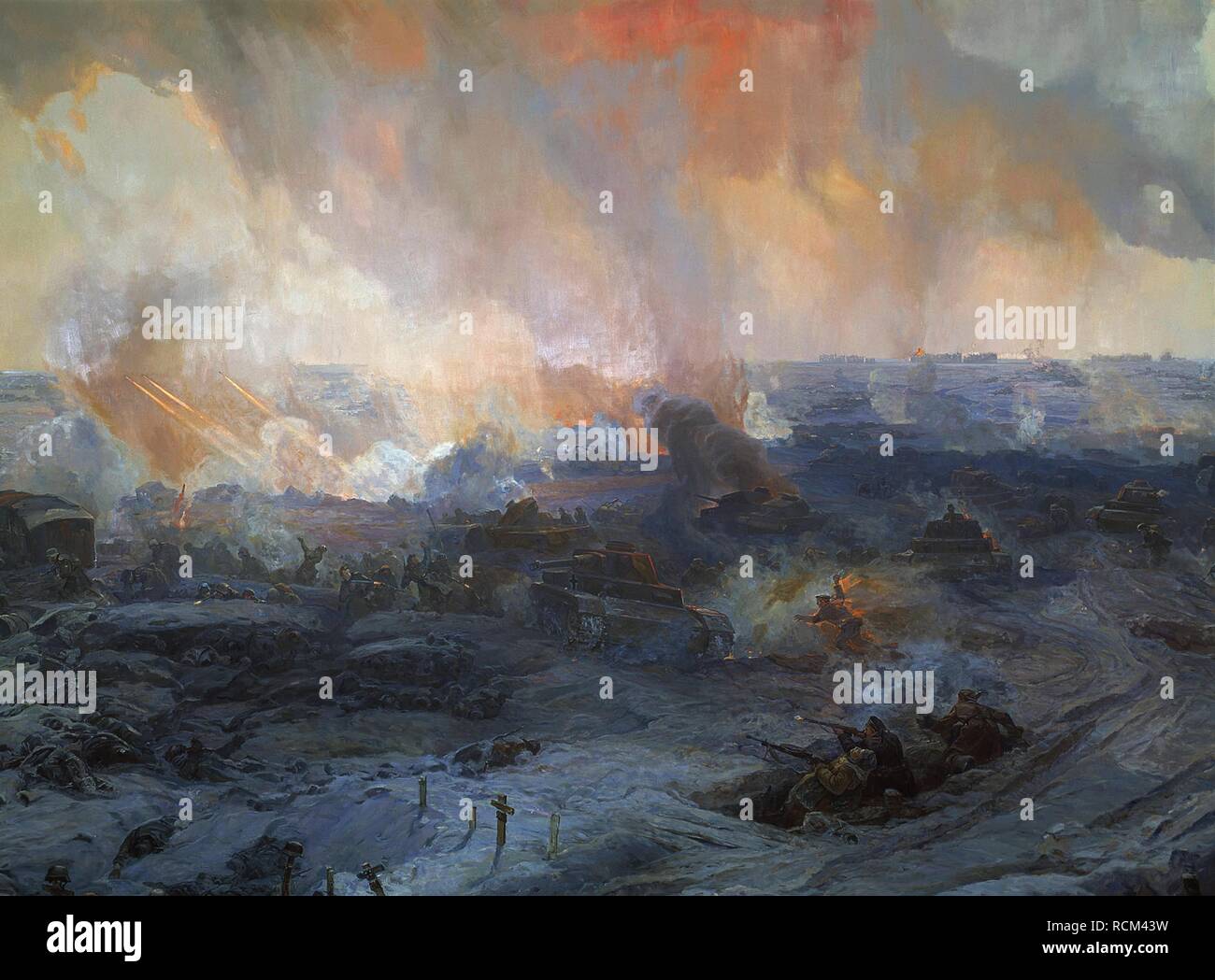 Panorama de la bataille de Stalingrad (détail). Musée : Musée Panoramique "Bataille de Stalingrad", Volgograd. Auteur : Mais, Nikolaï Iakovlevitch. Banque D'Images