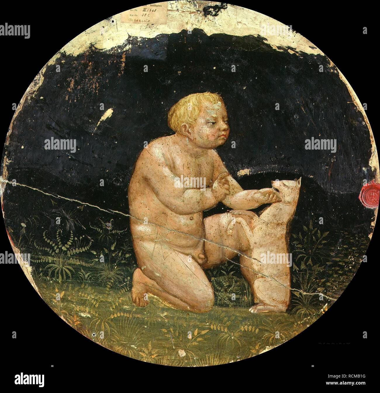 Plaque de naissance (Desco da Parto) avers : Garçon jouant avec un chien. Musée Staatliche Museen, Berlin :. Auteur : Masaccio. Banque D'Images