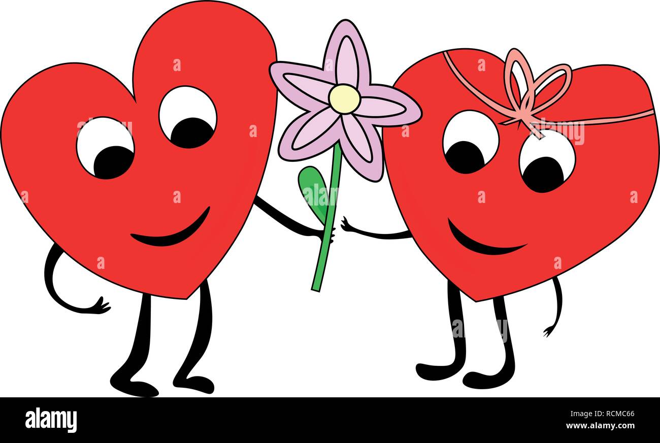 Deux coeurs dans l'amour, couple de cartoon coeurs ont une date ensemble, Jour de Valentines, souriant et donnant une fleur Illustration de Vecteur