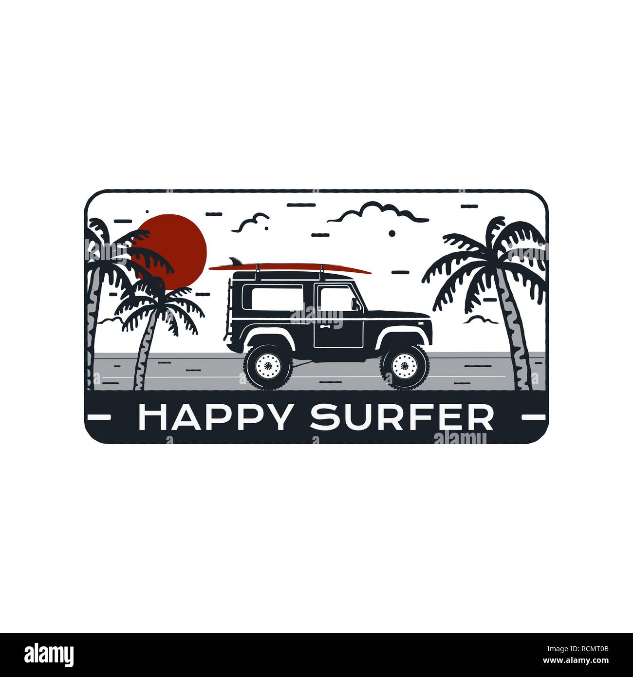 Logo Embleme De Surf Vintage Travel Badge Dessine A La Main De L Affiche Dote D Equitation Location De Surf Sur La Plage Et Mer Paysage Surfer Heureux Citation Silhouette D Ete Vecteur Stock Insignia
