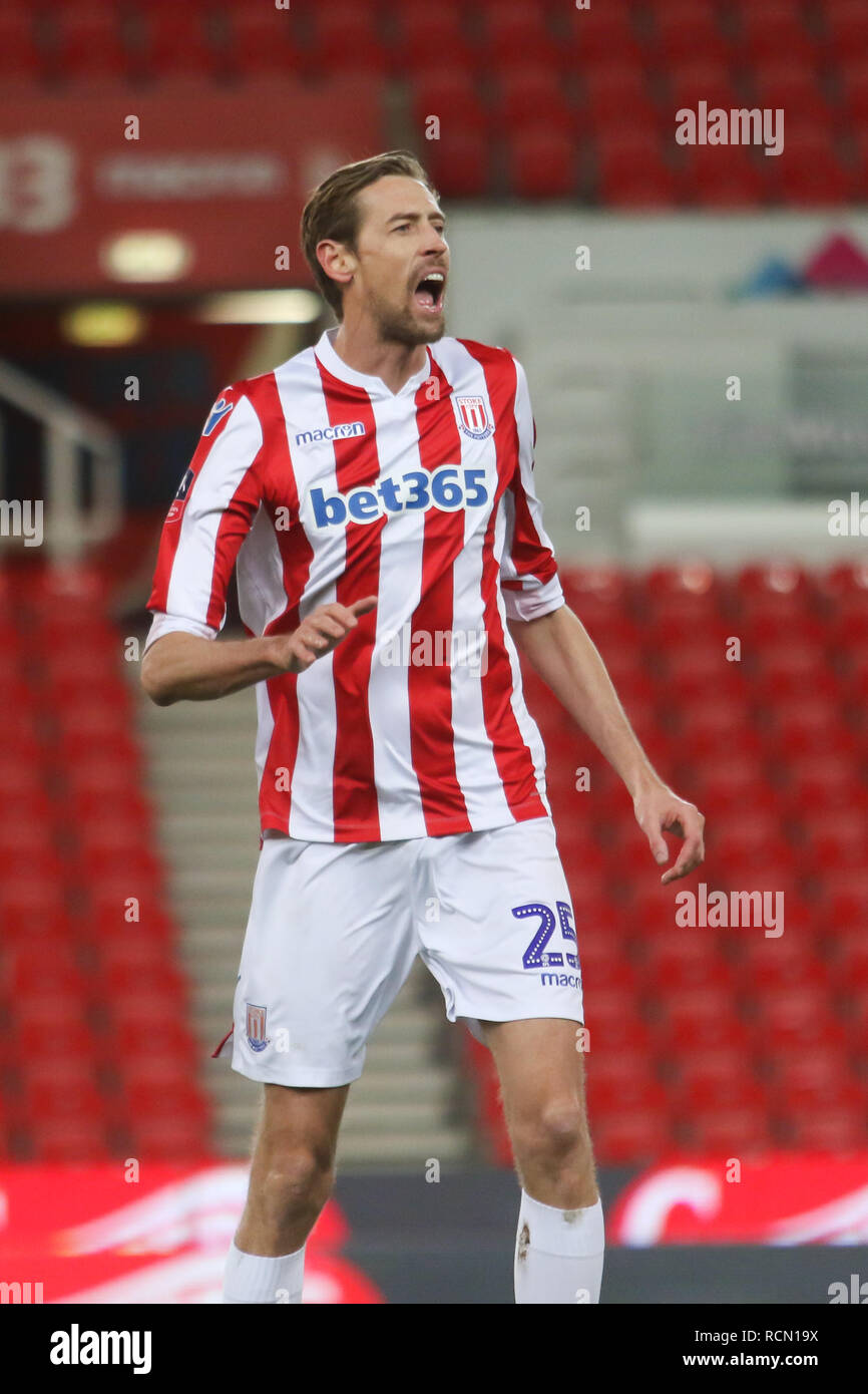 Stoke, UK. 15 Jan, 2019. Stoke City l'avant Peter Crouch (25) conteste la décision qui rejetait hors-jeu son but durant le 3ème tour de la coupe d'Angleterre match Replay entre Stoke City et Shrewsbury Town au stade de Bet365, Stoke-on-Trent, Angleterre le 15 janvier 2019. Photo par Jurek Biegus. Usage éditorial uniquement, licence requise pour un usage commercial. Aucune utilisation de pari, de jeux ou d'un seul club/ligue/dvd publications. Credit : UK Sports Photos Ltd/Alamy Live News Banque D'Images