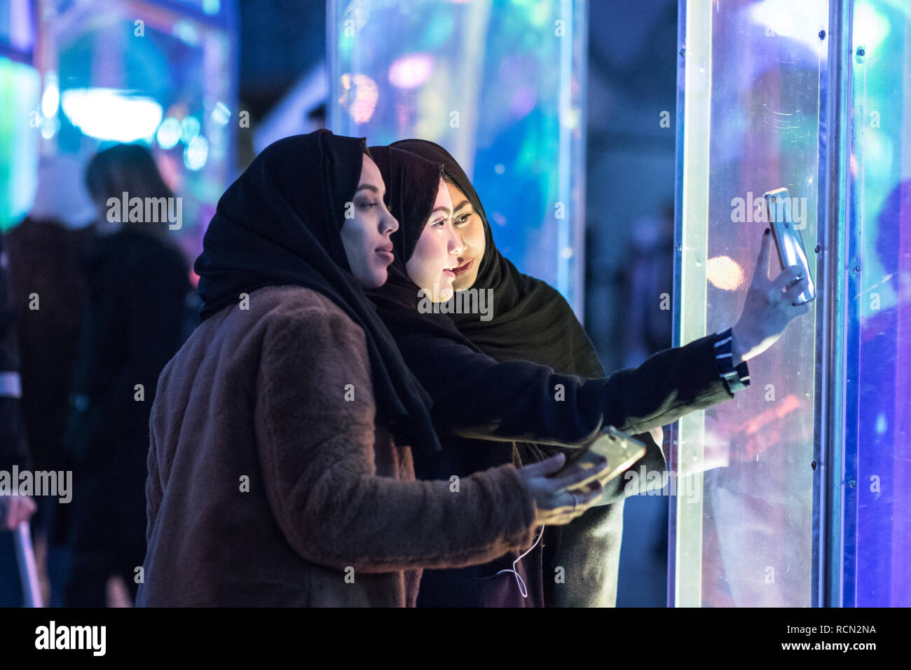 Canary Wharf, London, UK, le 15 janvier, 2019. L 'installation' Prismatica dans Jubilee Square. Les feux d'hiver Canary Wharf installations ouvertes au public dans et autour de Canary Wharf à partir de Jan 15 et jusqu'au 26 janvier. Credit : Carol Moir/Alamy Live News Banque D'Images