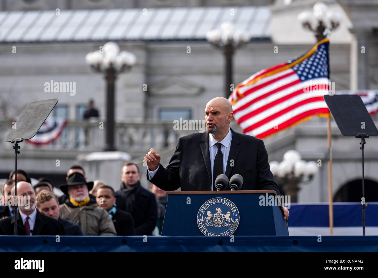 Harrisburg, États-Unis. 15 janvier, 2019. Le lieutenant-gouverneur John Fetterman parle pendant le gouverneur Tom Wolf's cérémonie d'inauguration. Chris Baker Fondation Evens / Alamy Live News. Banque D'Images