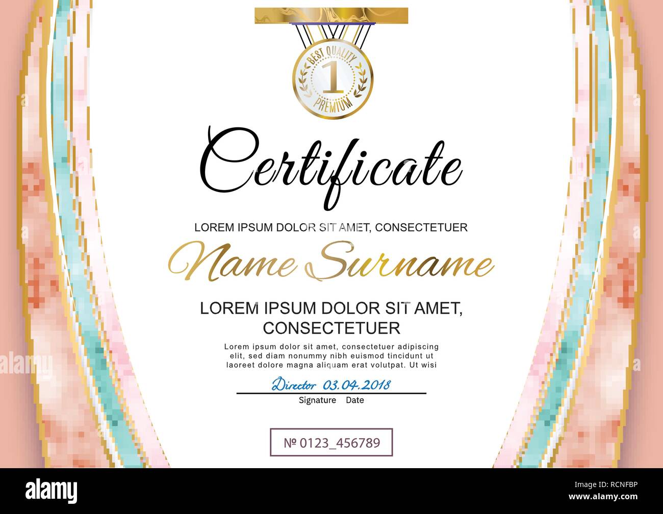 Certificat officiel de marbre rose. En éléments de maillage avec l'or. Illustration de Vecteur