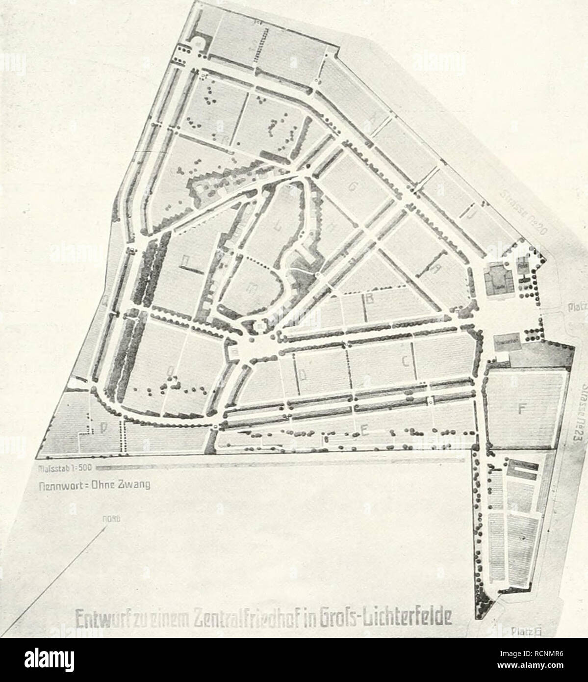 . Die Gartenkunst. Jardins de paysage ; -- l'Europe. DIE GARTENKUNST. X, G Arbeiten von 200 Mk. sind 3 Preise in Höhe von 750, 500, 250 Mk. ausgesetzt. Cette Preissumme anderweit kann auch auf 3 Preise verteilt werden. Il Preisgericht Das aus den Herren Landesbaurat Goecke-Berlin : Professeur, Stadtobergärtner weiss-Berlin, Schöffe Lange, Syndikus Dr Leng- ner, Kaufmann, Raupert geh. Garteninspektor Rechnungsrat chances, l e b r u n - Großlichterfelde.. jS. "Ohne Zwang". Von Wettbewerbsentwurf Zentralfriedhof à Groß-Lichterfelde. Fr. Bauer, Magdeburg, für den Lageplan (ca. 114000). Banque D'Images