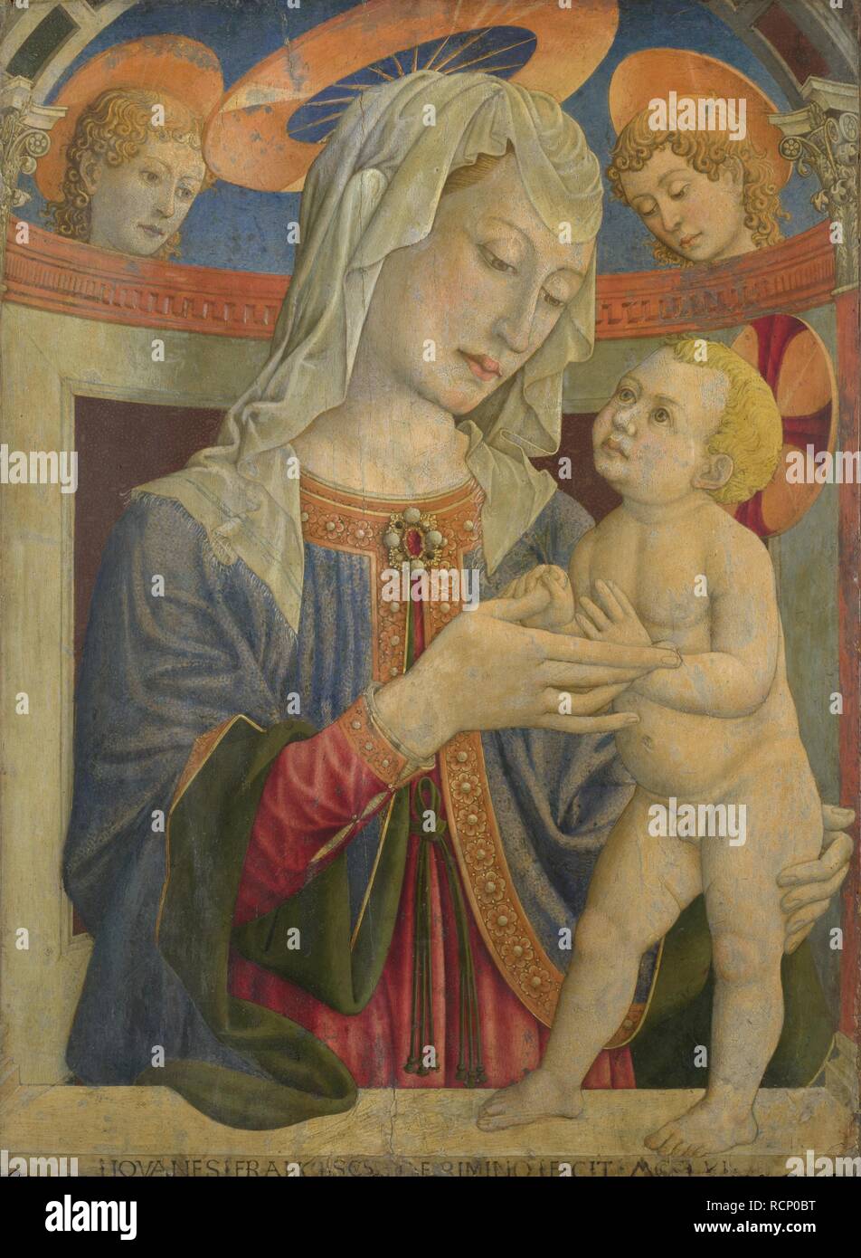 La Vierge et l'enfant avec deux anges. Musée : National Gallery, Londres. Auteur : Rimini, Giovanni Francesco da. Banque D'Images