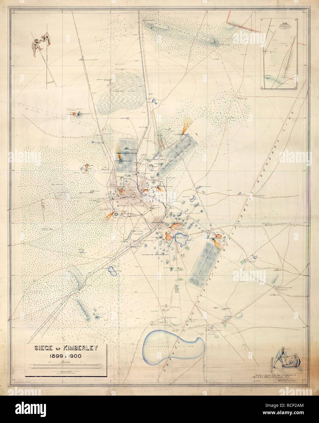 Siège de Kimberley. Afrique du Sud ; 1900. [Carte entière] Plan du siège de Kimberley, 14 octobre 1899 - 15 février 1900 ; avec des points cardinaux montrant harponnées Boers. Interrogés par le Colonel A.J. O'Meara, R.E., et signé par Claude O. Lucas, Cape Province Surveyor. Février 1900 publié à l'origine/fabriqués en Afrique du Sud ; 1900. . Source : ajouter. 71232 A,. Langue : Anglais. Banque D'Images
