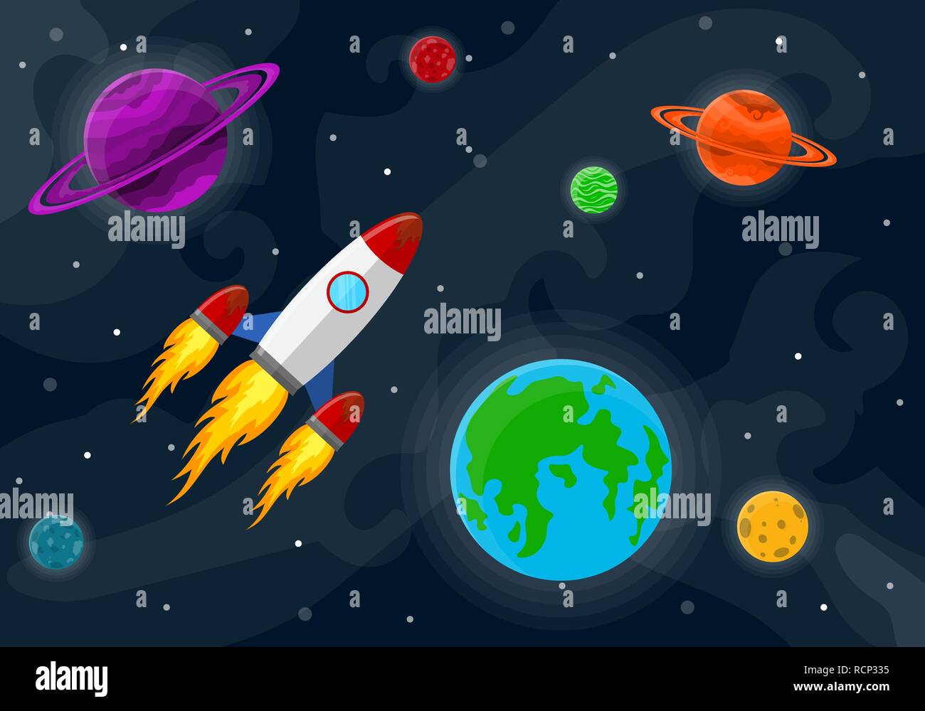 Schéma de l'espace avec les planètes, étoiles et fusée. Vector illustration. Arrière-plan de l'espace dessin animé en version plate. Illustration de Vecteur