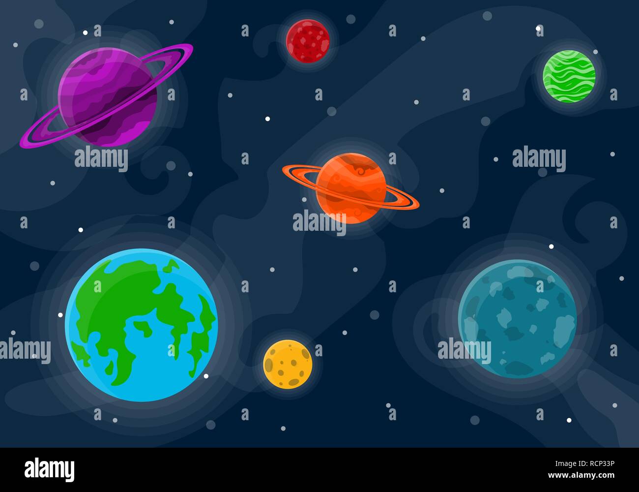 Schéma de l'espace avec les planètes et les étoiles. Vector illustration. Arrière-plan de l'espace dessin animé en version plate. Illustration de Vecteur