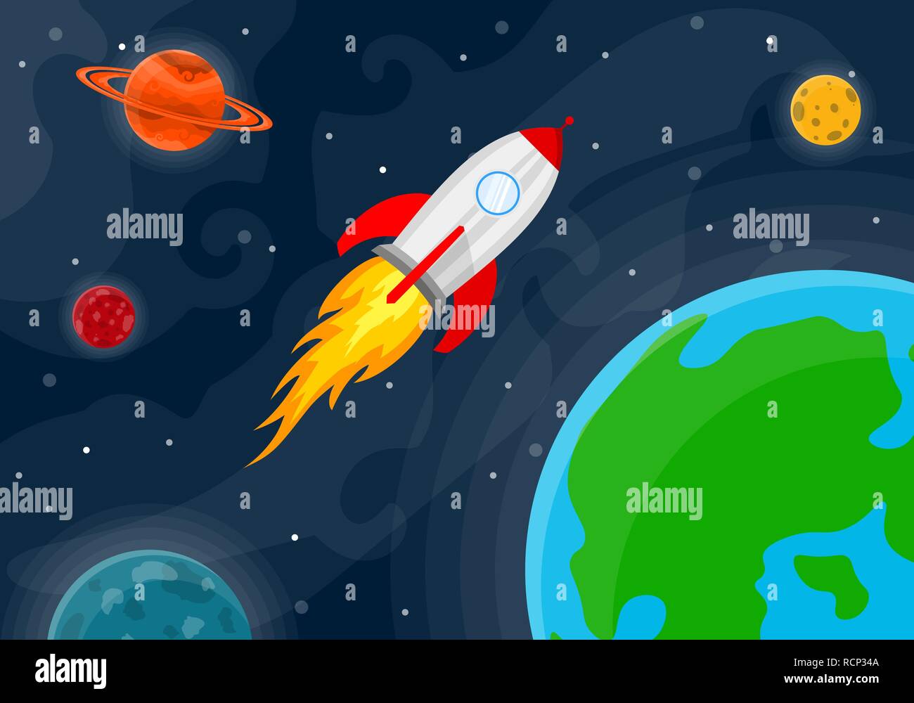 Schéma de l'espace avec les planètes, étoiles et fusée. Vector illustration. Arrière-plan de l'espace dessin animé en version plate. Illustration de Vecteur