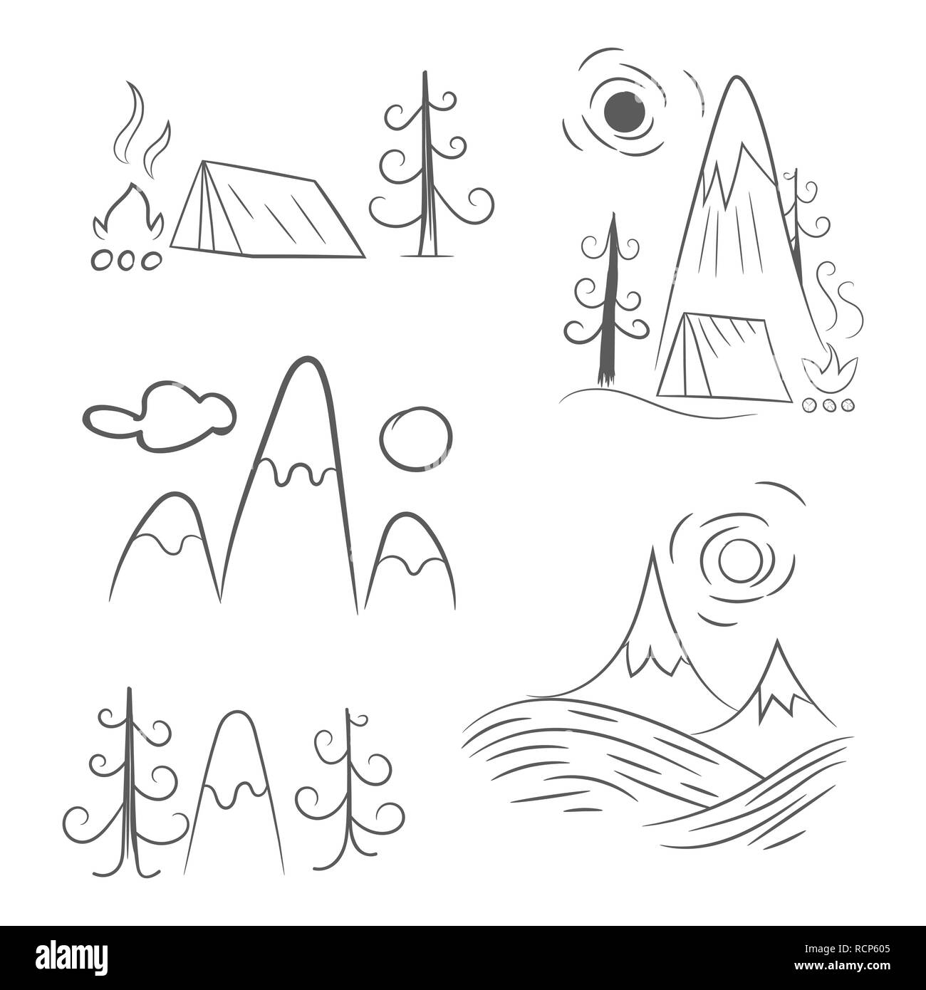 Montagnes, tente et feu dans la conception linéaire plat. Concept de camping. Vector illustration. Voyages et Tourisme concept. Illustration de Vecteur