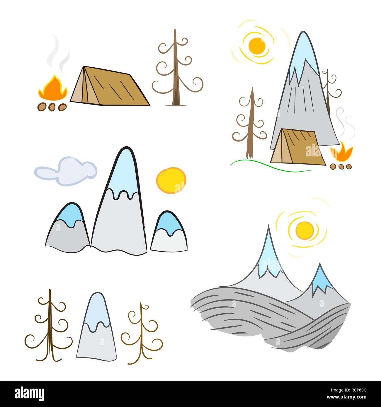Montagnes, tente et feu dans la conception linéaire plat. Concept de camping. Vector illustration. Voyages et Tourisme concept. Illustration de Vecteur