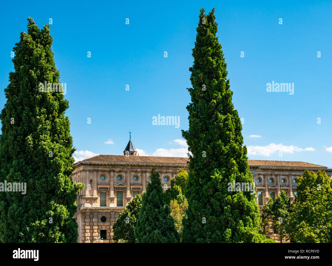Carlos V Palace vue à travers les arbres, à l'Alhambra, Grenade, Andalousie, Espagne Banque D'Images