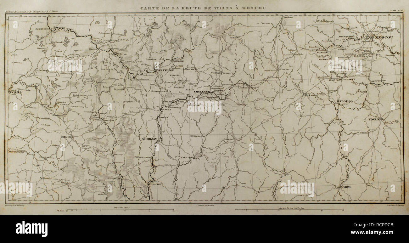 Carte de Napoléon. Route de Vilnius à Moscou. Atlas de l'Histoire du Consulat et de l'Empire. Histoire du Consulat et l'Empire de la France sous Napoléon par Marie Joseph Louis Adolphe Thiers (1797-1877). Dessins par Dufour, gravures par Dyonnet. Édité à Paris, 1864. Banque D'Images