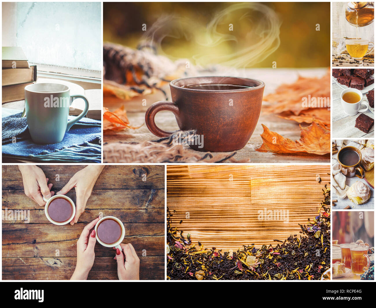 Collage de l'automne. plateau boisson chaude. Alimentation sélective Banque D'Images