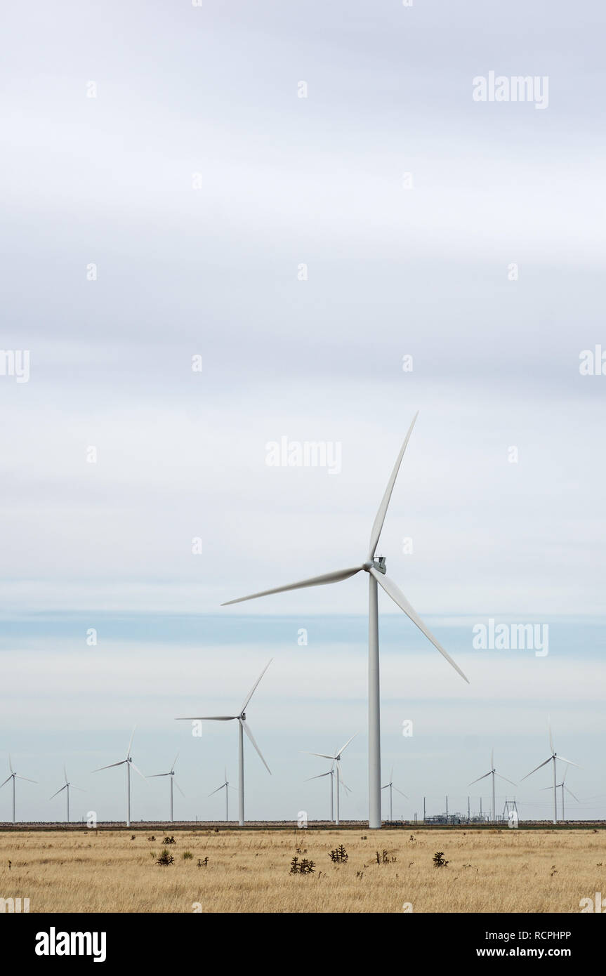 Vertical image de West Texas wind farm avec turbines et fils lointain ainsi que copy space Banque D'Images
