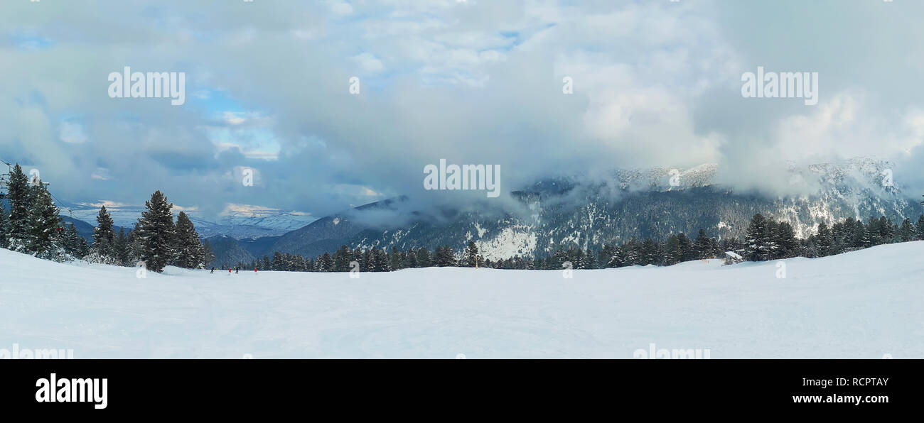 Beau panorama sur les montagnes de Pirin, l'hiver au-dessus des nuages avec des sapins enneigés et le mont peaks à Bansko, Bulgarie. Banque D'Images
