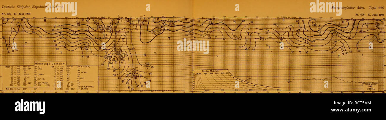 . Deutsche Südpolar-Expedition, 1901-1903, im Auftrage des Reichsamtes des Innern. Gauss (navire) ; des expéditions scientifiques. Udpohr-Expedition 1901 Deutsche s-3 Meteorologischer Atlas, n° 676 226 de Tafel. 17. Juni 1903 n° 676. 17. Juni 1903. "Rli HMh 1) w 760 J8(r W. 3&lt;y 5. 2) v-- 770 Xf 3 lbCi(&lt;r (30) 4) r" 7"560" 7f &amp ;) ^ / 770 35-5* 30° (SSW) -3ö' (8) R) 766 &AMP ;• O. 46' 60° (0) [80) 10) ^ 750 20-25" /i" 11) r 7^^070" 60°(KW,KO,O8O) 3(r 12) ^ 7*6 135-140° SS' (KNW) n° 677. Est. Joni liK&gt;3 Nr. 677. 18. Juiil 1903. Veuillez noter que ces images sont extraites de sca Banque D'Images